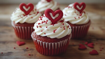 Valentine's Day red velvet cupcakes on wooden board