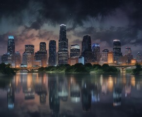 Watercolor painting of Austin skyline at night, skyline, art, downtown, painting