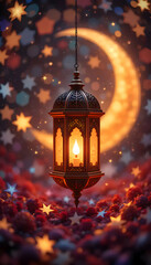 Enchanted Ramadan Night: A Glimmering Lantern Under the Crescent Moon