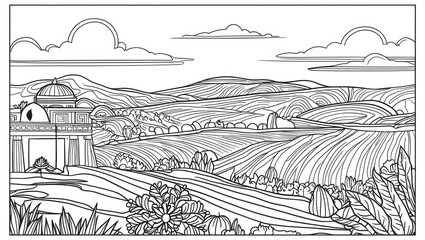 Fototapeta premium Tranquil Temple Landscape. Line Drawing of Rolling Hills, Clouds and Classic Temple with Dome for Coloring Book