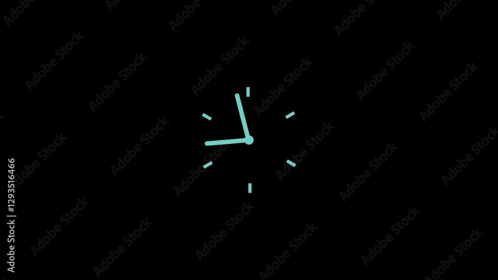 Poster cyan clock on black background animation time. transparent background. alpha icon clock