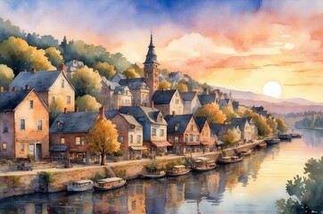 Sunset over a picturesque riverside village with charming houses and a gentle reflection on the water