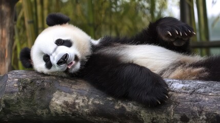 Fototapeta premium Adorable panda cub sleeping peacefully on a log