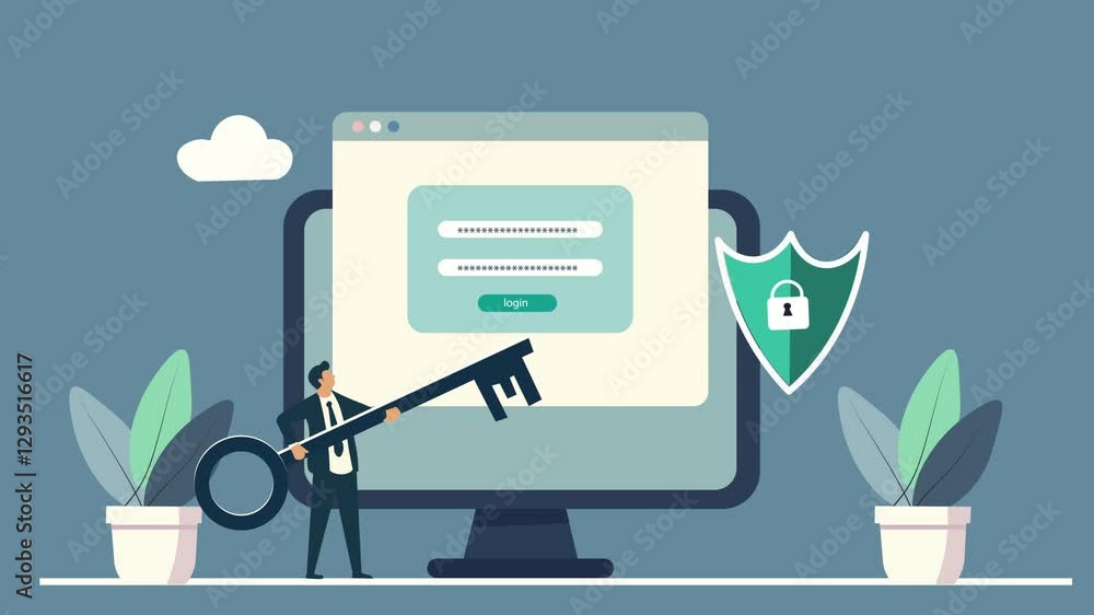 Poster online security and authentication concept. a modern, flat-design animation of man holding key with 