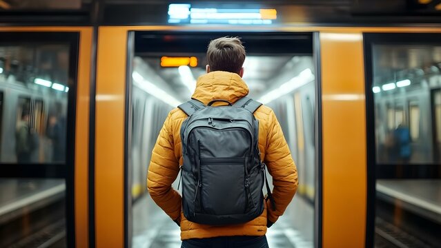 A person in a yellow jacket with a backpack stands in front of a subway train entrance, looking inside the empty car. Concept Subway Exploration, Urban Adventure, Yellow Jacket Fashion