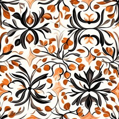 Elegant Seamless Floral Pattern with Curling Leaves and Stylized Blooms in Orange, Black, and Cream Tones