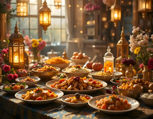 Naklejka premium A Luxurious Festive Feast: A Table Set for a Grand Celebration