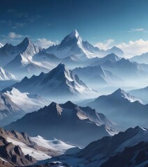 White and blue hue layered mountains in a dreamy atmosphere, soft focus, atmosphere, blue