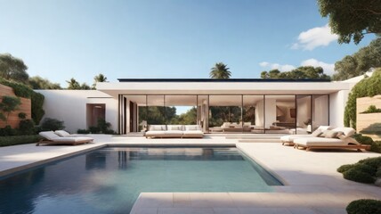 Fototapeta premium Serene Outdoor Beauty: Elegantly Composed House with a Mesmerizing Pool View—Generative AI