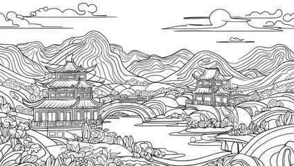 Obraz premium Black White Eastern Landscape with Pagodas and Mountains Outline Drawing