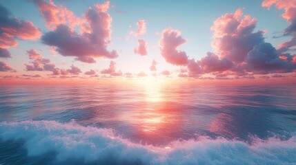 Fototapeta premium Serene ocean sunrise with pastel clouds and gentle waves, vibrant colors in sky. Nature beauty and tranquility concept