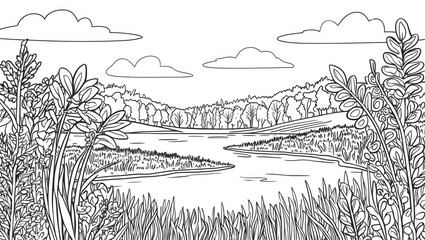 Serene Lake Landscape Sketch. Relaxing Coloring Page with Tranquil Nature Scene for Artistic Minds, Flowers and Lake