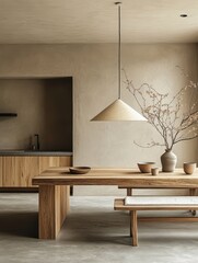 A minimalist dining space shows wood furniture and accessories