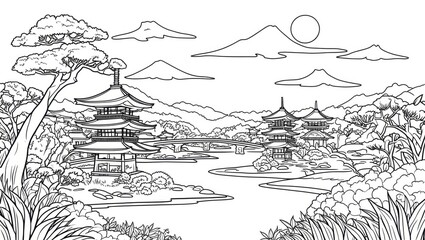 Naklejka premium Traditional Japan Landscape with Pagodas, Mountains and Bridge in Outline Style for Coloring Book
