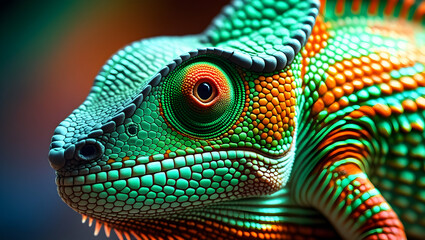 Obraz premium Close-up of a chameleon with vibrant green and orange scales, focusing on its eye and textured skin.