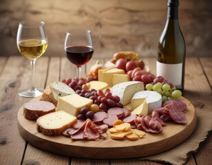 White wine, cheese and charcuterie platter on rustic wooden board, delicious, appetizer, food arrangement, savory