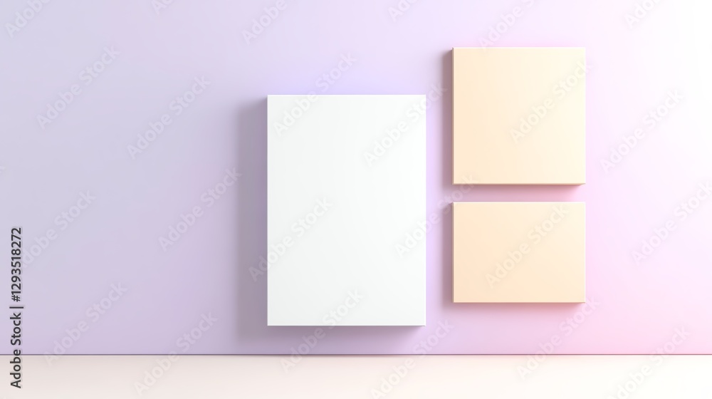Poster minimalist geometric design with pastel-colored rectangles on a soft wall background, creating a mod