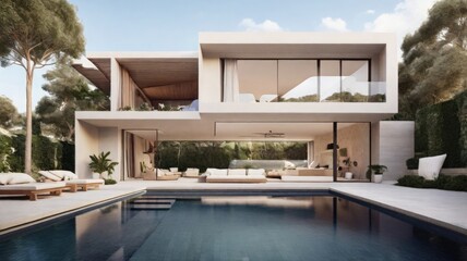 Fototapeta premium Serene Outdoor Beauty: Elegantly Composed House with a Mesmerizing Pool View—Generative AI