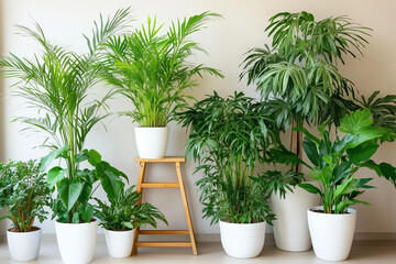 Obraz premium A collection of lush green indoor plants in modern white pots, arranged on a wooden stand. Perfect for home decor, biophilic design, and botanical inspiration