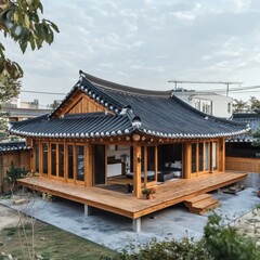 A traditional korean home with a wooden deck in the city