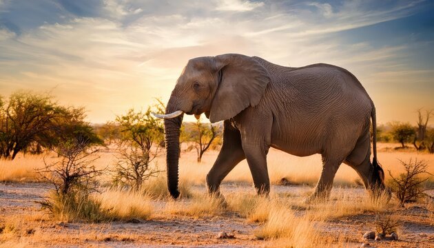 Fototapeta Elephant Roaming in Etosha National Parks Savannah, Namibia Majestic Giant Bathed in Golden Light as it Traverses the Serenely Stretching Plains at Dusk
