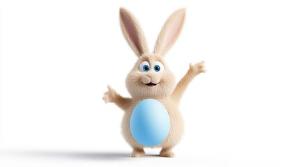 Obraz premium Cute cartoon rabbit with blue egg on white background playfully smiling
