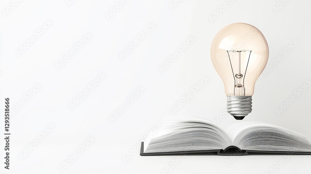 Poster light bulb above open book representing ideas and creativity