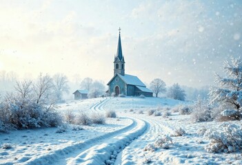 Winter snowflakes falling gently on a frosty landscape with a church in the background , snowy village, frozen lake