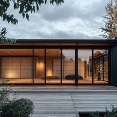 Fototapeta premium A modern building exterior features a spacious wooden deck and windows