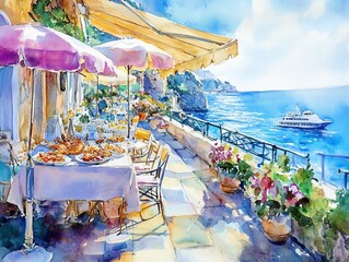 Watercolor painting of a Mediterranean seaside cafe with pastel umbrellas, fresh seafood dishes, and a bright blue ocean view