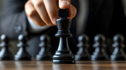 A Businessman`s hand moves a black chess piece, symbolizing strategic leadership, decision-making, competitive advantage in business, business strategy, leadership, critical thinking and planning