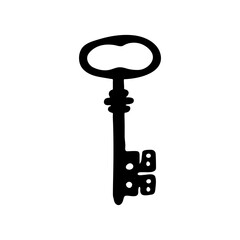 Antique hand-drawn key design. Vintage lock icon. Isolated black key silhouette 
