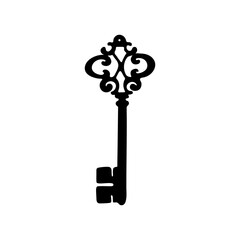 Antique hand-drawn key design. Vintage lock icon. Isolated black key silhouette 