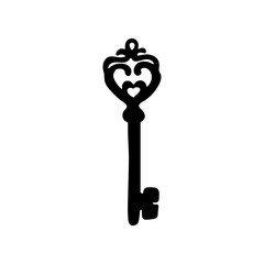 Antique hand-drawn key design. Vintage lock icon. Isolated black key silhouette 