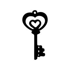 Antique hand-drawn key design. Vintage lock icon. Isolated black key silhouette 