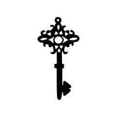 Antique hand-drawn key design. Vintage lock icon. Isolated black key silhouette 