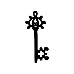 Antique hand-drawn key design. Vintage lock icon. Isolated black key silhouette 