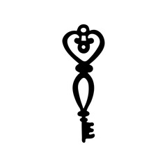 Antique hand-drawn key design. Vintage lock icon. Isolated black key silhouette 