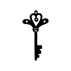 Antique hand-drawn key design. Vintage lock icon. Isolated black key silhouette 