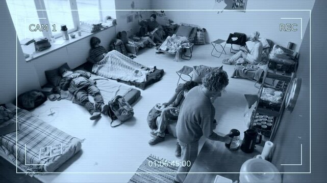 Wide high-angle CCTV camera footage of people displaced by natural disaster or war resting in emergency shelter &ndash; sleeping, pouring tea, listening to music, mom reading book to son, women chatting