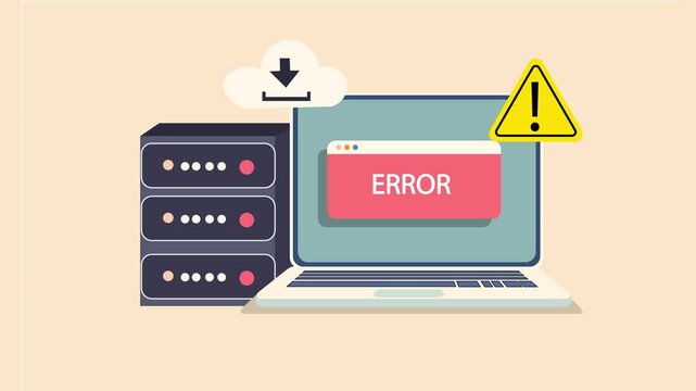 Internal server error concept A flat design animation . laptop screen displays an attention triangle warning symbol, indicating a technical issue. and a server machine with Error banner. 