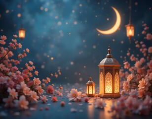 Obraz premium Enchanted Ramadan Night: Blossoms, Lanterns, and Moon