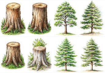 Four different types of trees, including a pine tree and a tree stump. The trees are all in various stages of growth, with some being small and others being large