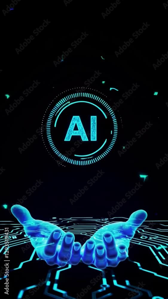 Poster ai symbol with digital hands. concept of artificial intelligence, machine learning and future techno