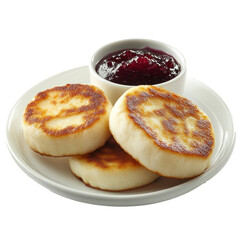 Three pieces of Russian syrniki on a plate with jam on side, isolated on transparent background. 