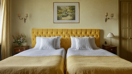 Minimalistic composition of bedroom interior with wooden bed,  Nordic style bedroom