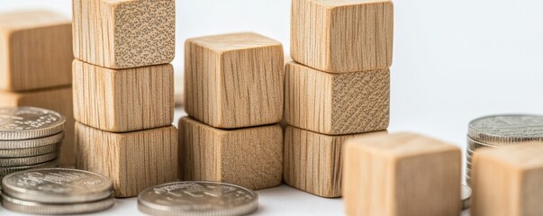Tax concepts explored through closeup of wooden cubes on coin stacks