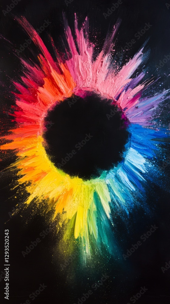 Poster vibrant explosion of colorful paint forming a circle on black background, dynamic splatter. abstract