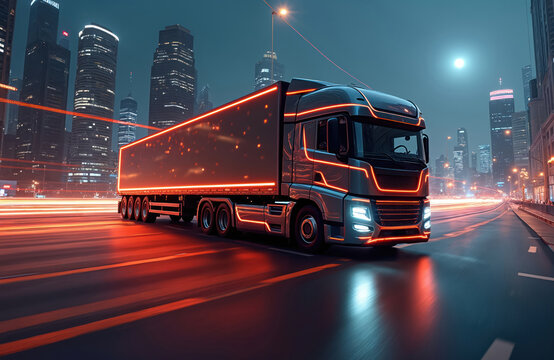 Modern electric truck drives down city street at night. Neon lights outline vehicle, skyscrapers glow background. Commercial cargo transport for futuristic sustainable delivery, logistic service,