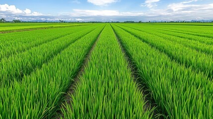 Fototapeta premium Vibrant green rice field under a clear blue sky with white clouds.